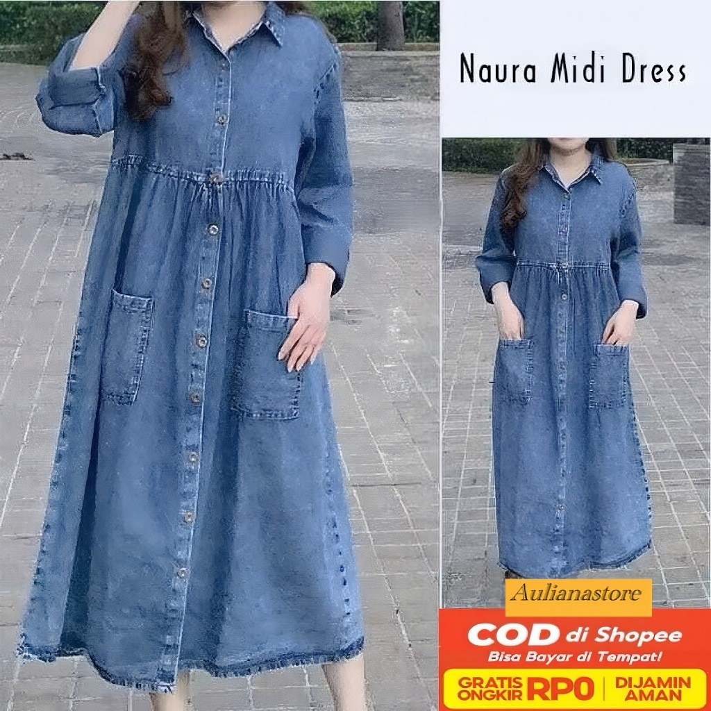 Midi Dress Jeans Long Tunik Jeans Snow Wash Premium/Midi Jins Tunik Denim Wanita Terbaru Busui