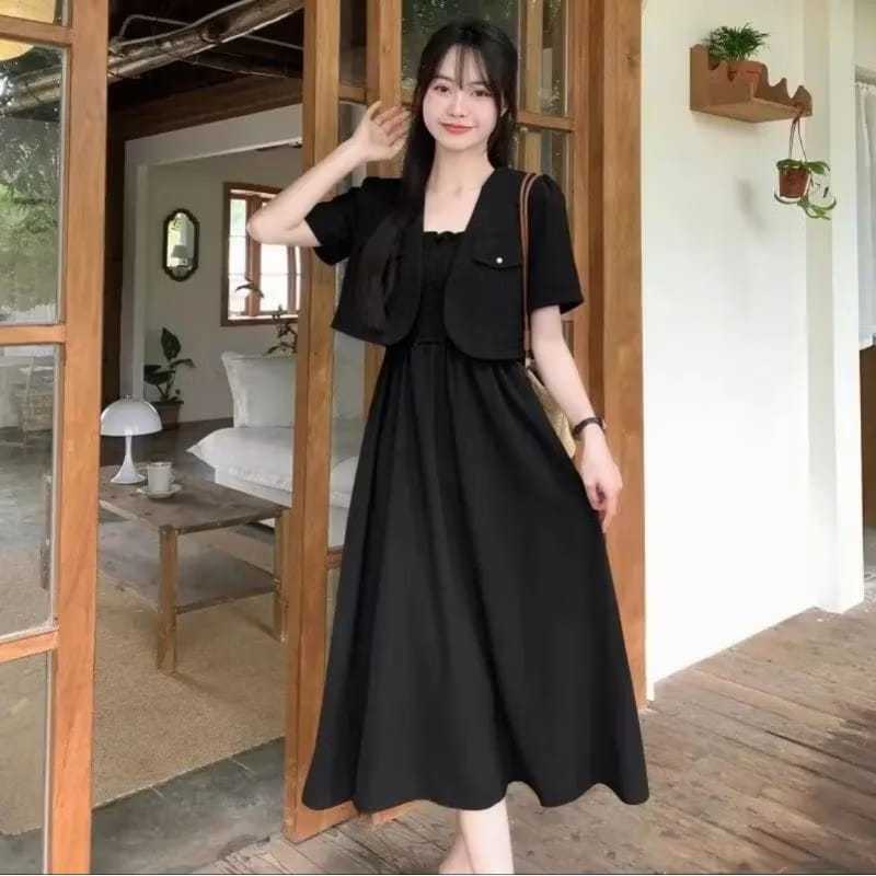 Midi Dress Wanita Setelan Outer Kayla Korean Style | Dress Pesta Casual Set Blazer Crop