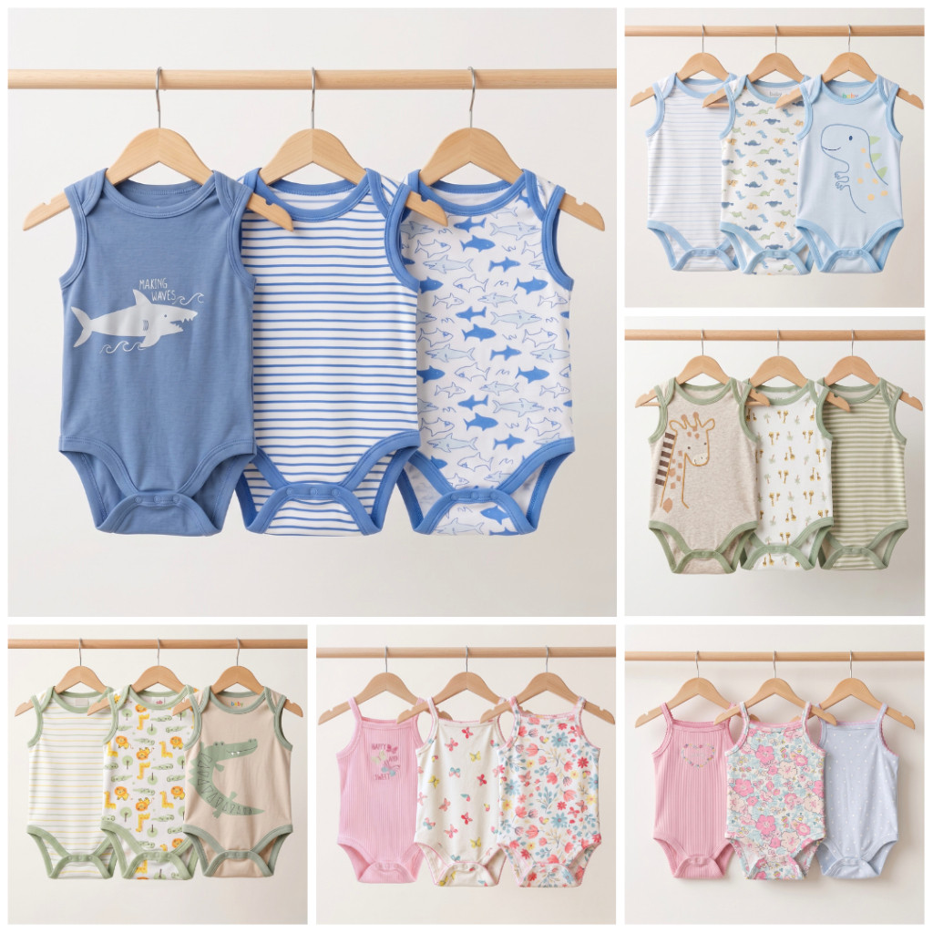 LITTLESUMMERISE - Jumper Bayi Kutung Paket 3pcs 3VS Unisex Bodysuit Sleeveless Katun Lembut 0-9bulan