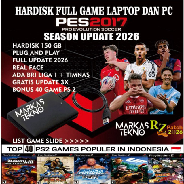 HDD EKSTERNAL FULL GAME PES 2017 UPDATE 2026 + 40 GAME PS 2 HDD 3.0     Berkualitas