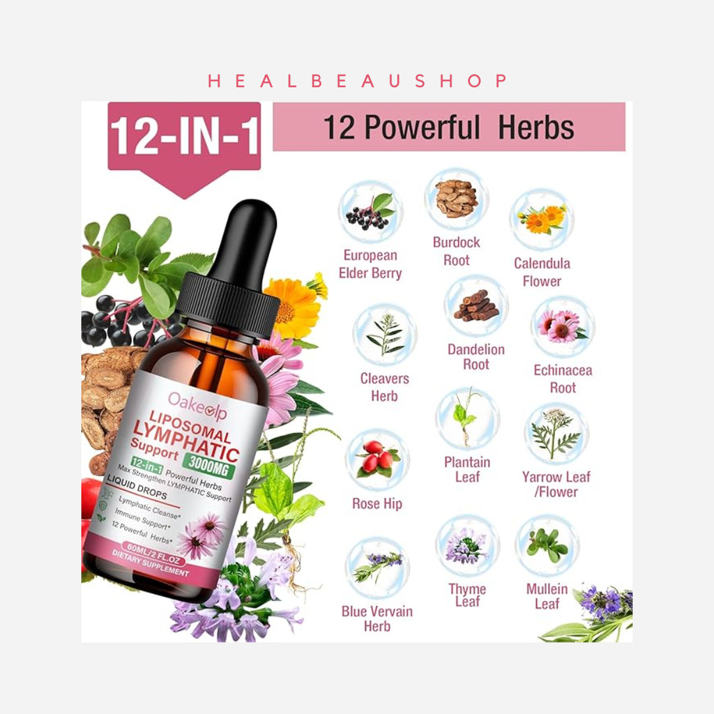 Liposomal Lymphatig Support 3000mg Liquid Drops 12 in 1 Akar Burdock Echinacea Elderberry Bunga Cale