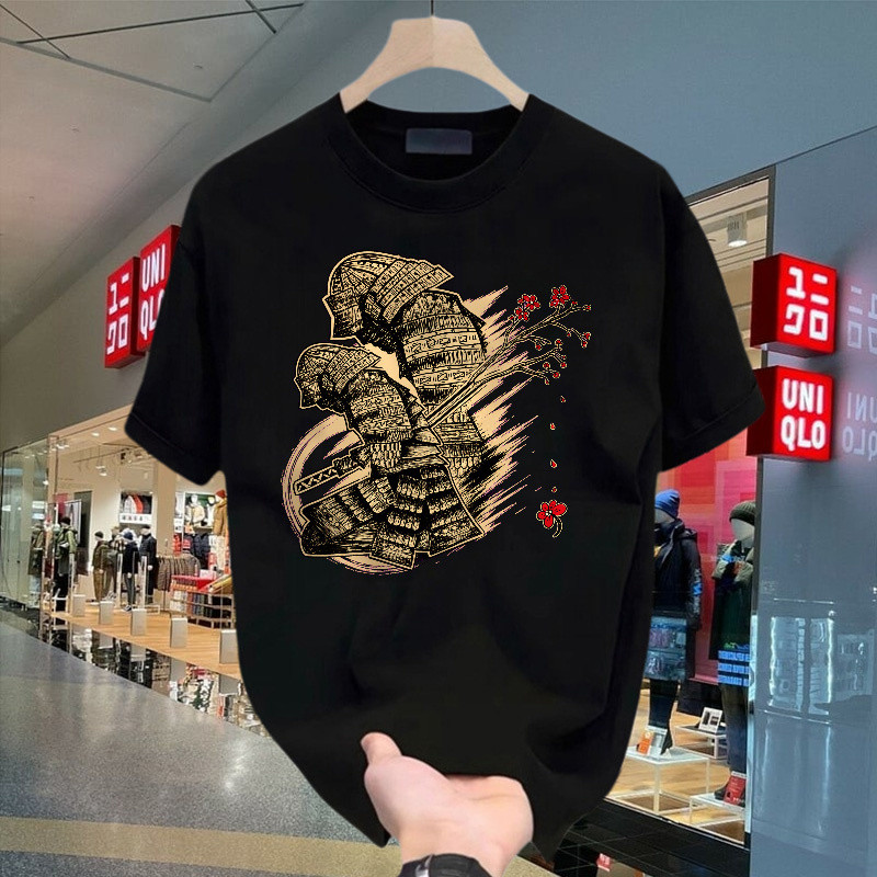 Kaos Pendek Motif Samurai Jepang Dengan Bunga Sakura Gaya Vintage, Bahan Katun 100% Cotton 24s Yang 