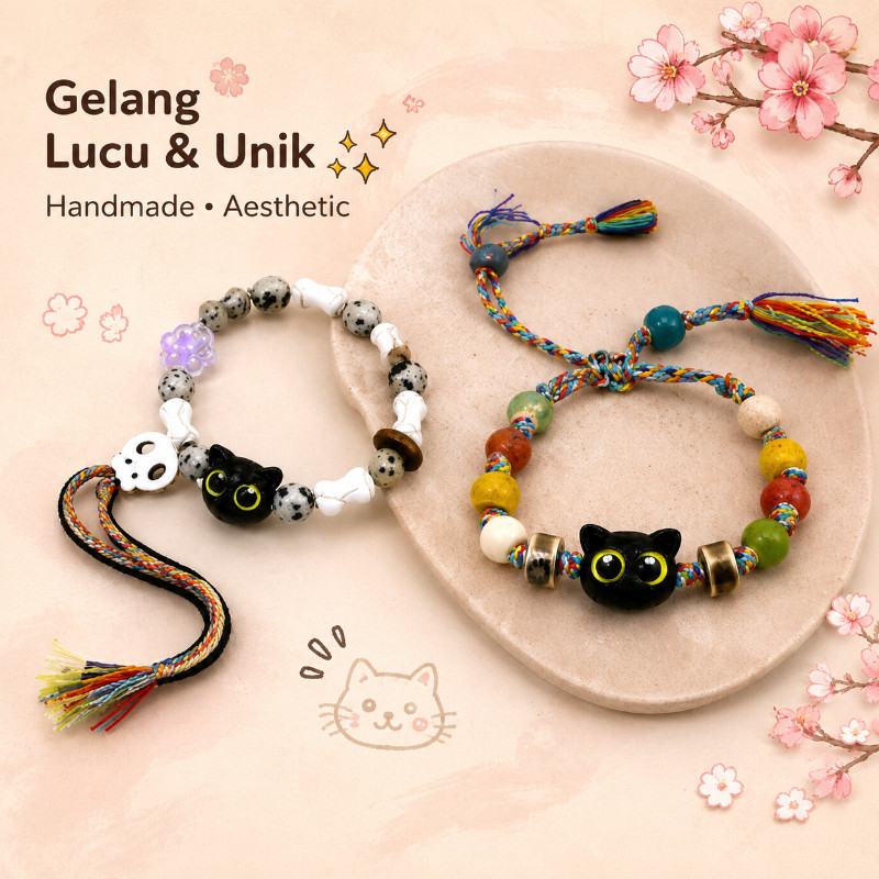 Gelang Vintage Cantik Motif Kucing Cat Gelang Tali Skull Kucing Dengan Rumbai Gelang tali kepang Gel
