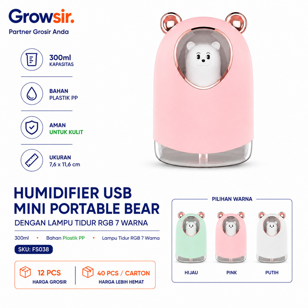 GRWOSIR Humidifier USB Mini Portable Bear dengan Lampu Tidur RGB 7 Warna Pelembap Udara Ultrasonik FS038