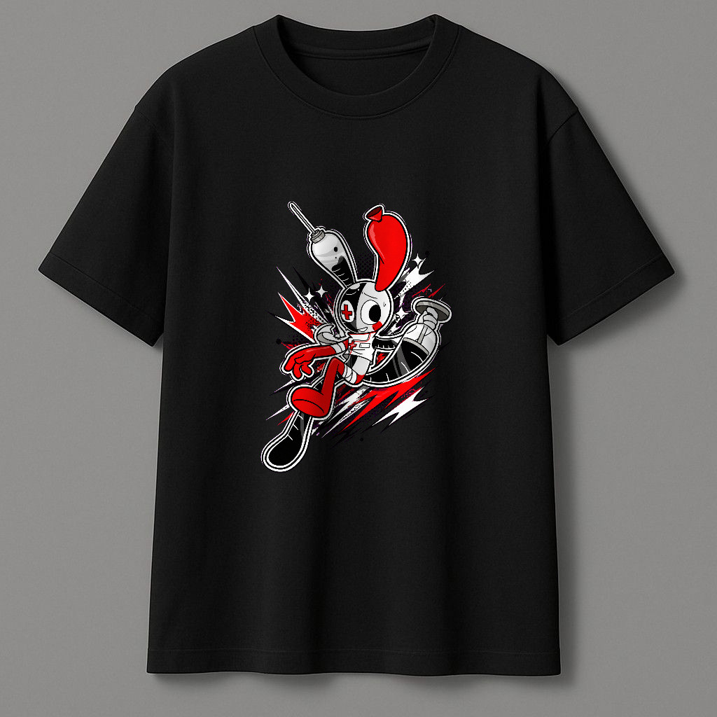Kaos Pendek Grafis Karakter Robot Badut Merah Hitam Putih Dengan Detail Salib Medis, Kaos Metal Berg