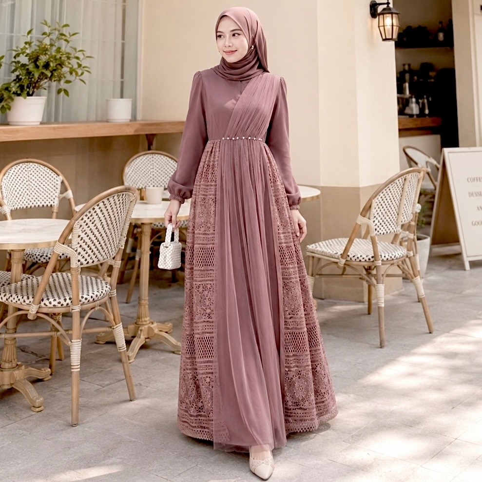 EmmaQueen - Dress Heidy gamis Katun Adem Kombinasi Tile Brukat terbaru 2026 model mewah mix Mutiara 