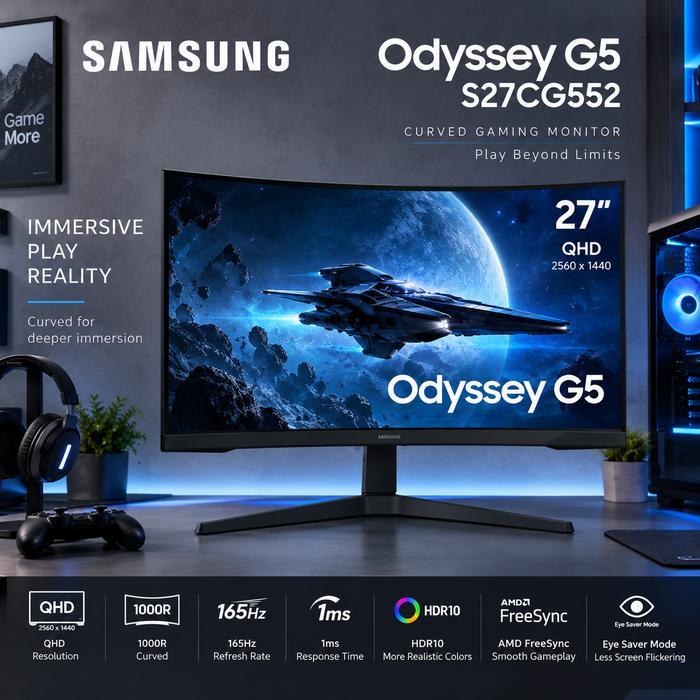 Monitor Samsung Odyssey G5 S27CG552 Monitor PC Gaming Lengkung 27 Inch VA 2K QHD 165Hz 1ms Curved 10