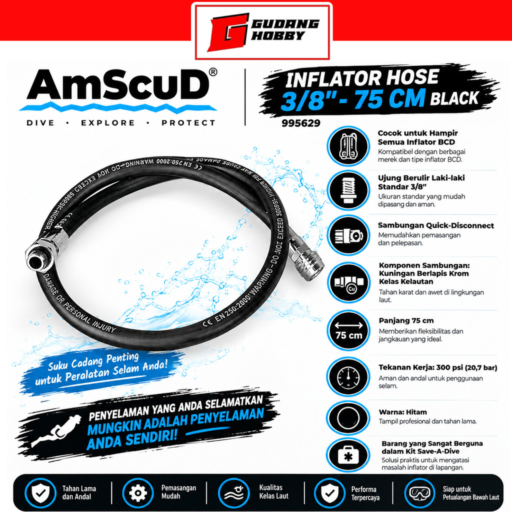 AmScuD Inflator Hose 3/8inci-75 Cm Black 995629 / BCD Inflator / Inflator hose for BCD / Selang Lepa