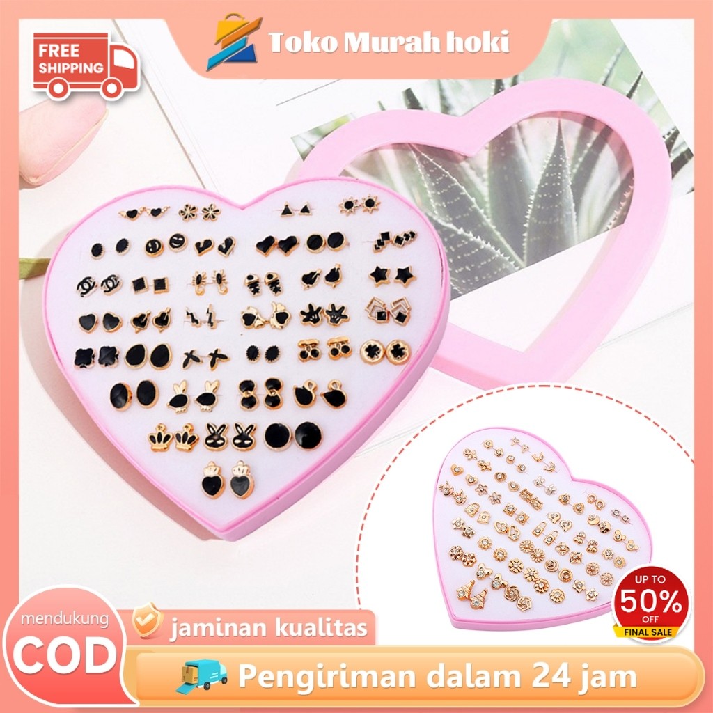 Anting Set 36 Pasang Anting Tusuk Bentuk Hati Kancing Telinga Plastik Stud Earrings Wanita
