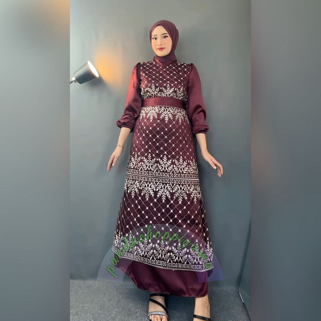 [Padu Dress] Gamis Brokat Modern Burgundy – Gamis Jumbo Premium untuk Pesta, Kondangan & Lebaran