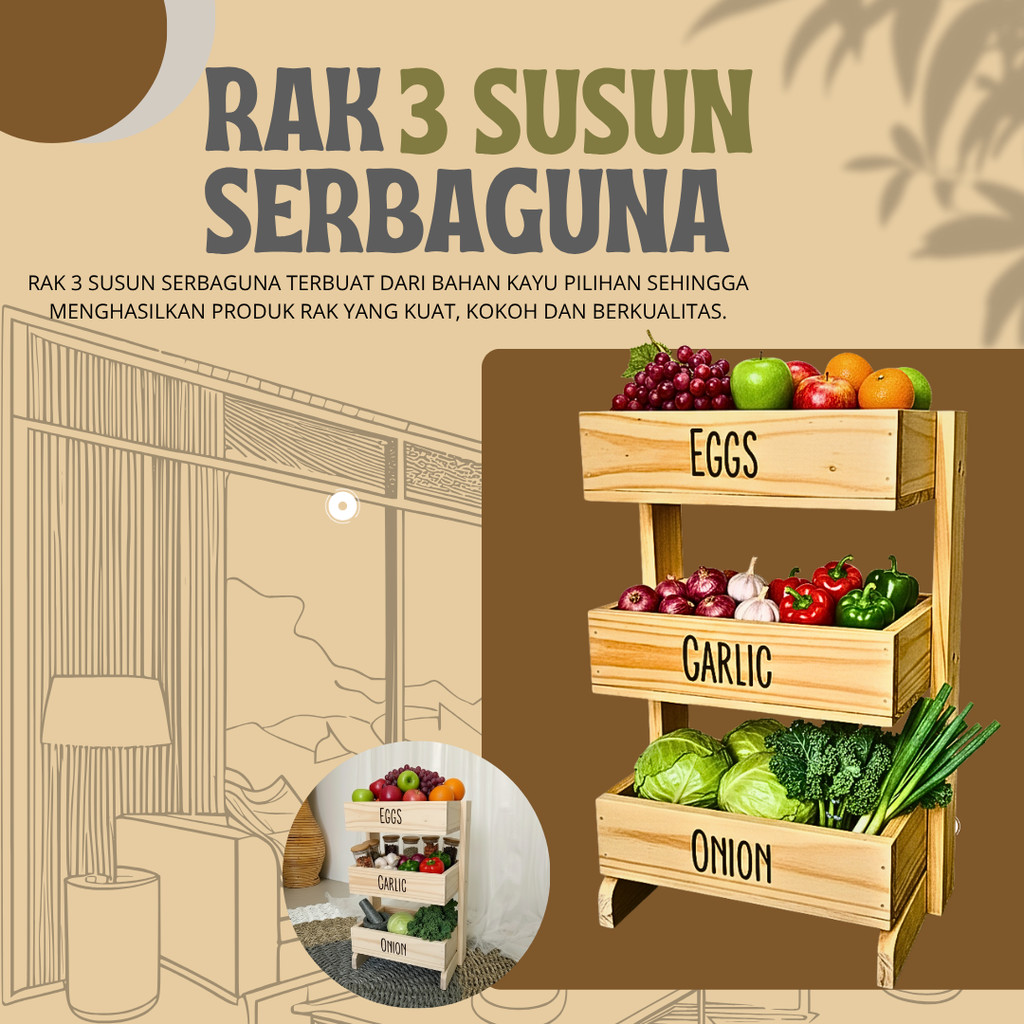 Rak Bawang Kayu 3 Susun / Rak Bumbu Serbaguna