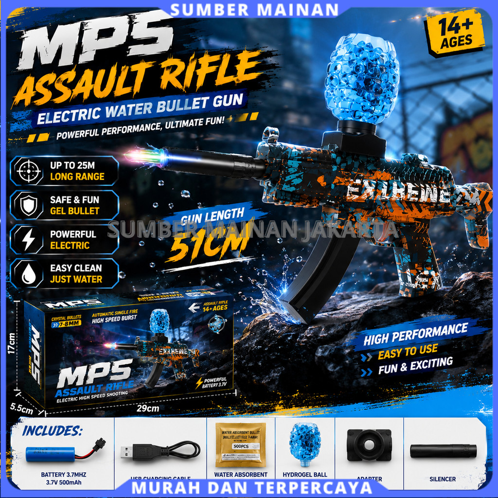 MP5 Water Gel Blaster Elektrik Water Gel Beads Full Set Rechargeable USB Desain Grafiti Premium