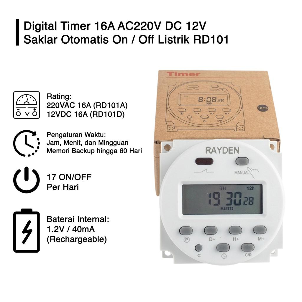 Digital Timer 16A AC220V DC 12V Saklar Otomatis ON OFF Listrik RD101A RD101D H1273