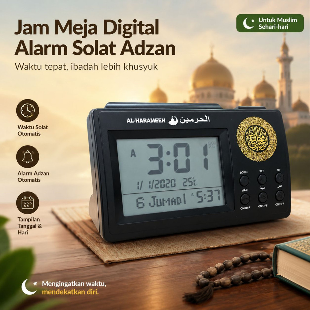 Jam Meja Digital Alarm Adzan Muslim Prayer Watch Clock - HA-3006
