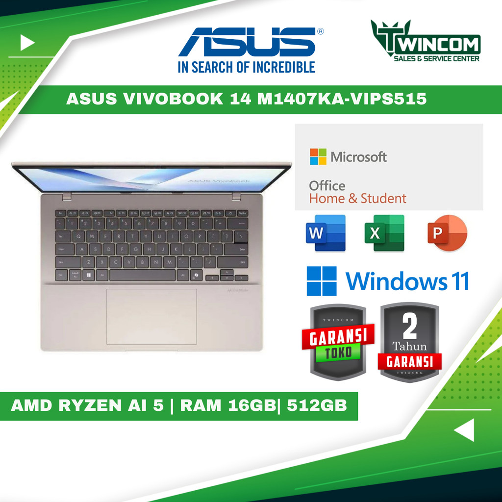 Laptop Asus Vivobook 14 M1407KA Ryzen AI 5 340 512GB SSD 16GB 14 WUXGA/Win 11 Home+OHM 2024+M365