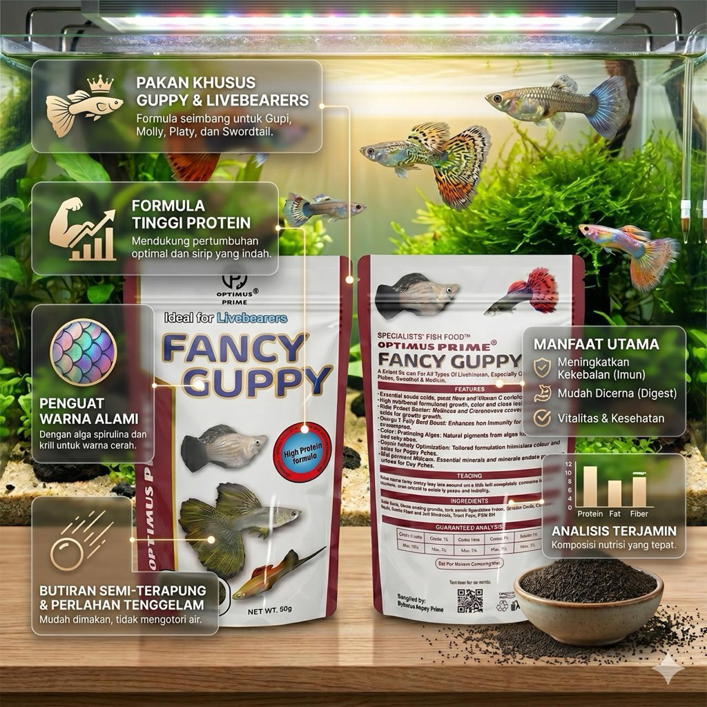 Pelet Ikan Fancy Guppy Optimus Prime/ Pengganti Pelet MeM Net 50 Gram/ Ikan Molly Platy Swordtail Se