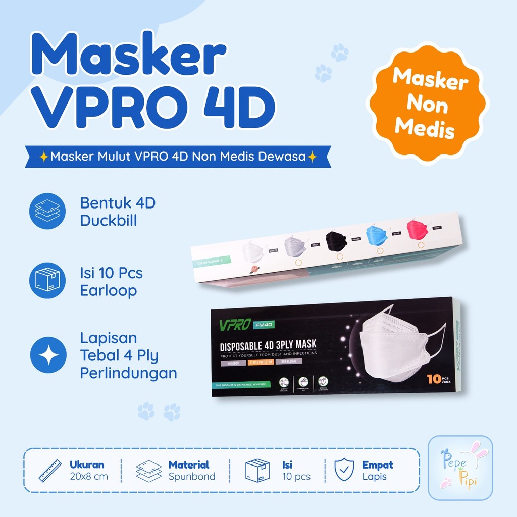 Masker Duckbill 4D VPRO 1 Dus 10 PCS Masker Mulut Dewasa Non Medis Sekali Pakai