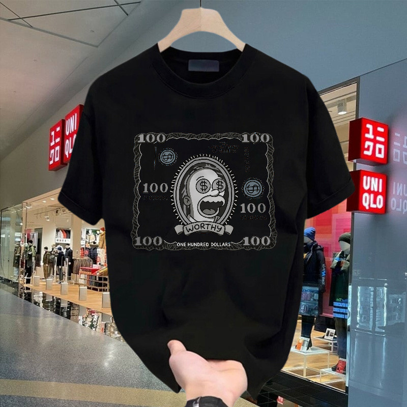 Kaos Pendek Motif Uang Dollar Amerika Dengan Karakter Kartun Unik, Gaya Ilustrasi Monokrom Vintage, 