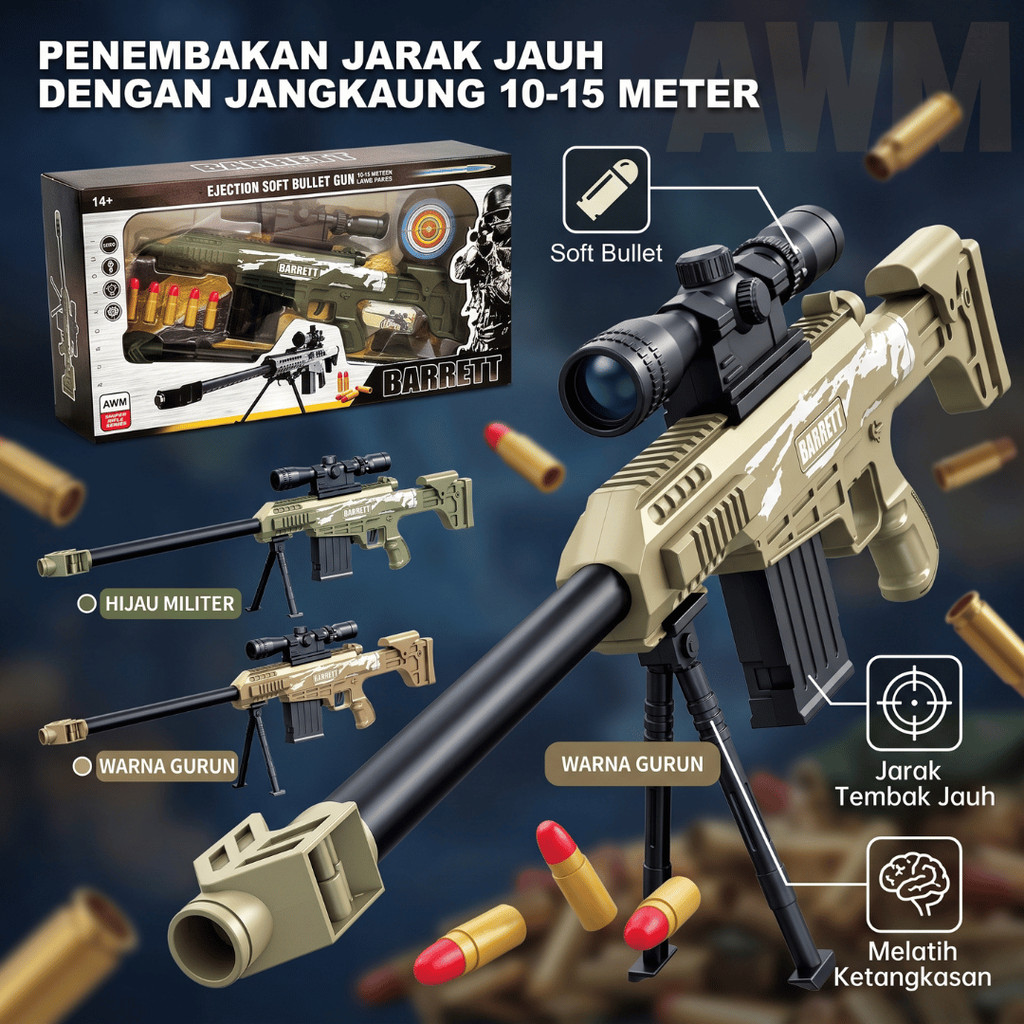Toy Studio Mainan Tembakan Sniper Barrett AWM Shell Ejection Peluru Busa Lembut Soft Bullet Jarak Ja