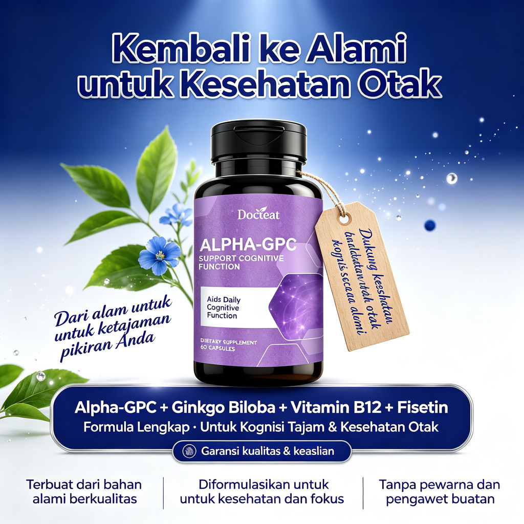 Docteat Alpha-GPC 60 Kapsul, Alpha-GPC, Ginkgo Biloba, Vitamin B12, Phosphatidylserine dan Fisetin, 