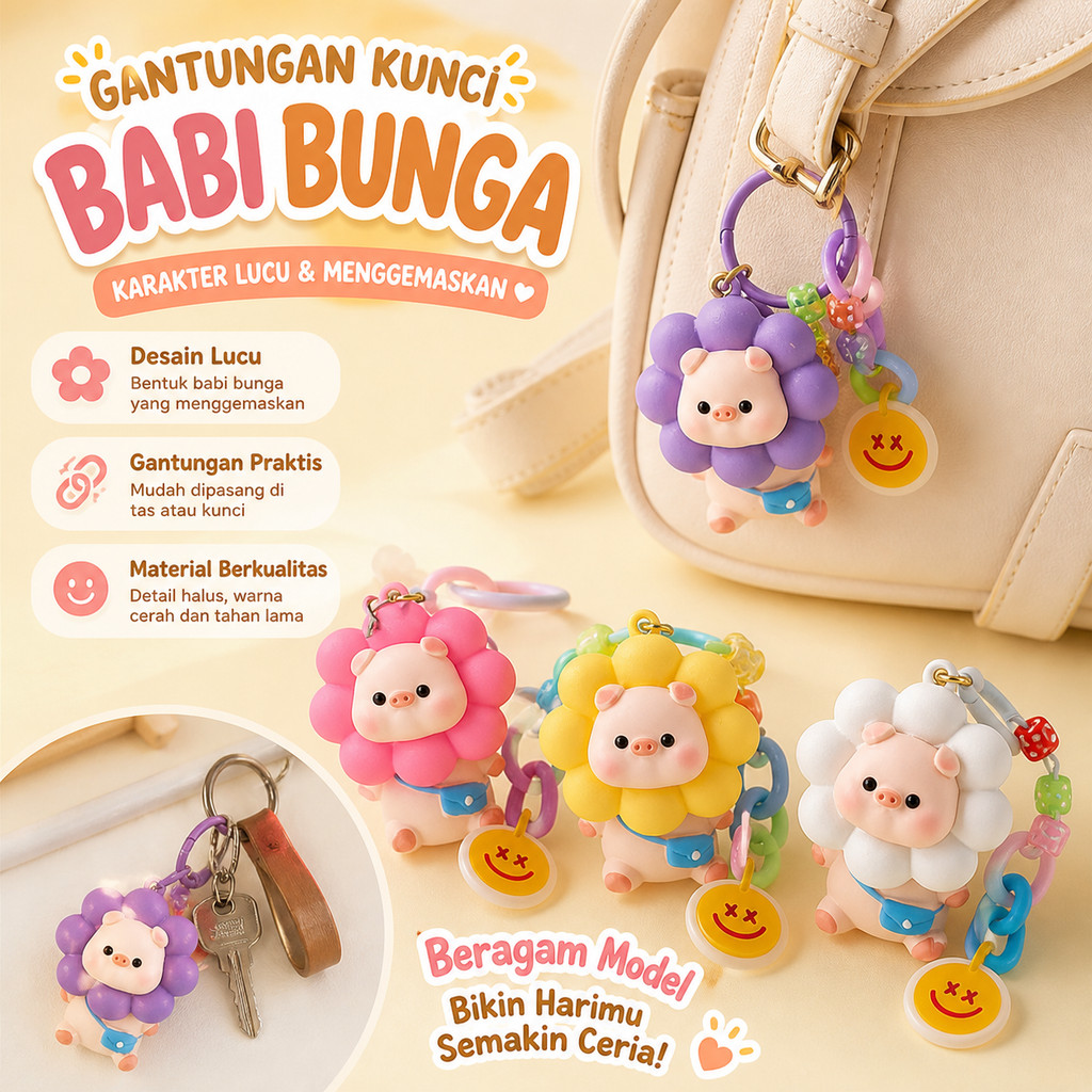 Gantungan Tas Boneka Babi Bunga Imut Gantungan Kunci Lucu