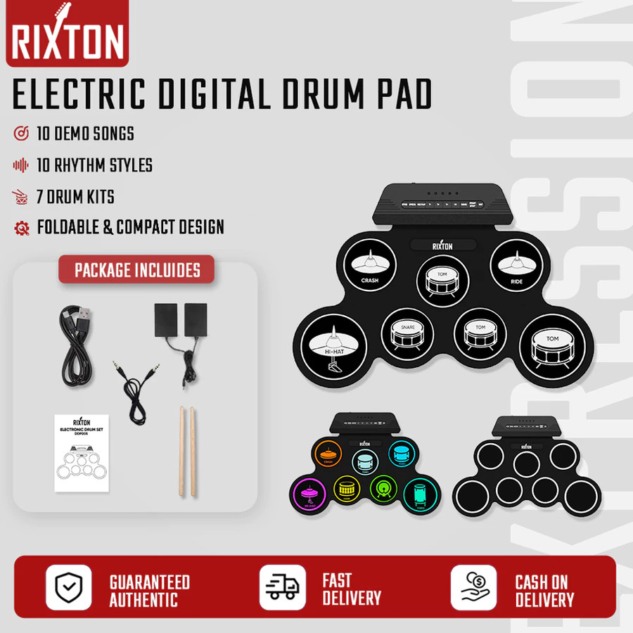 RIXTON Drum Elektronik Portabel Digital USB 7 Bantalan Roll up Drum Set Silicone Electric Drum Pad K