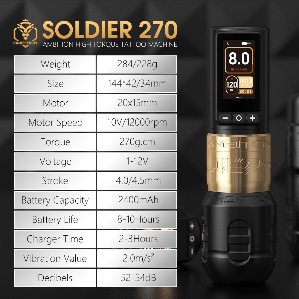 Pena Tato Nirkabel 270 Ambisi Soldier, 1V Operasi Tegangan Rendah, Pena Tato Nirkabel Presisi Tinggi