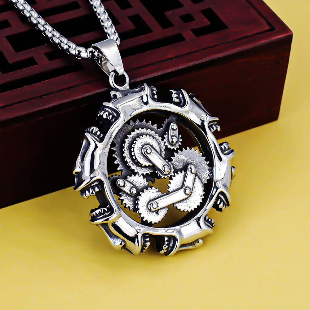 Perhiasan liontin stainless steel gigi mekanik tua tengkorak titanium baja kalung liontin pria