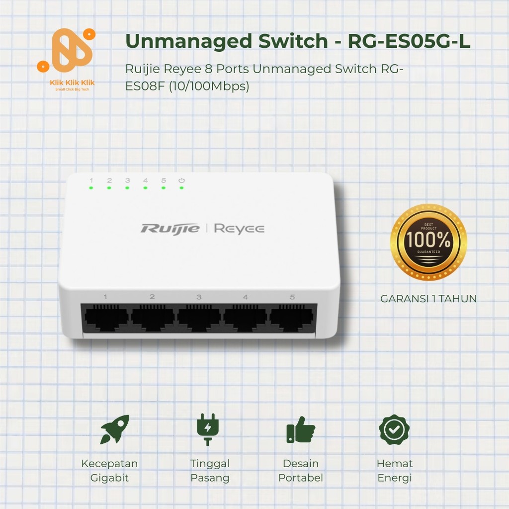Ruijie RG-ES05G-L Gigabit Ethernet Switch 5 Port LAN Hub Plug and Play Jaringan Stabil Aman