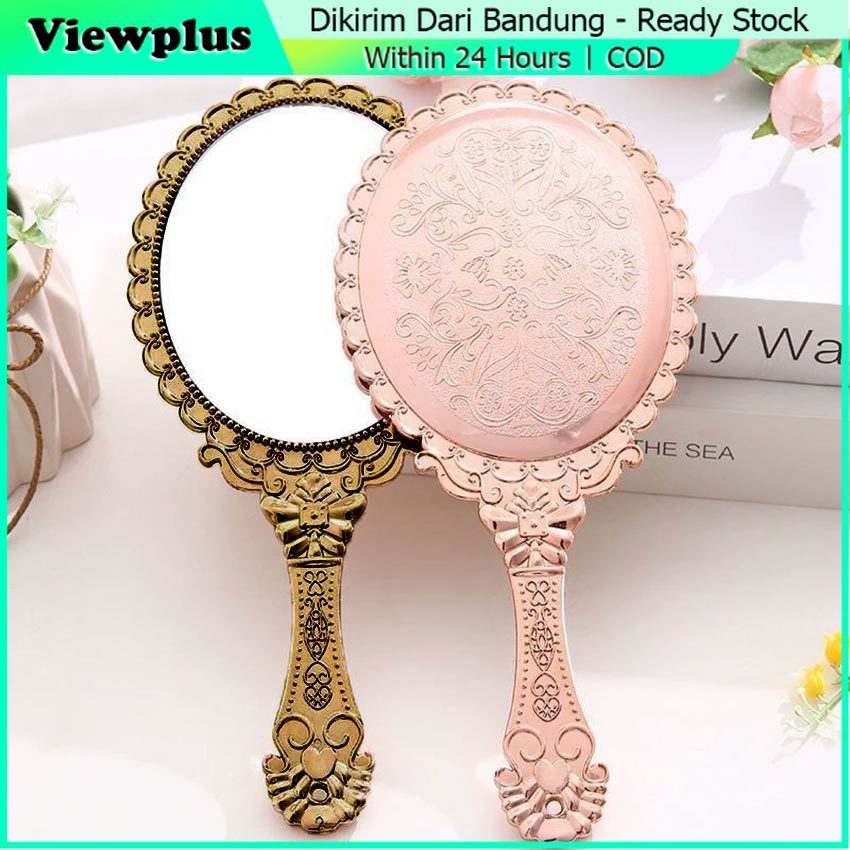Cermin Kaca Genggam Rias Kosmetik Portabel vintage Cermin Bulat Oval Cermin Salon Handle Pegangan Ta