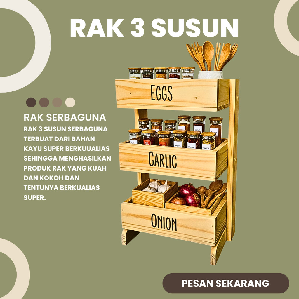 Rak bawang kayu 3 susun / Rak dapur / Rak kosmetik/ Rak perkakas/ Rak bawang