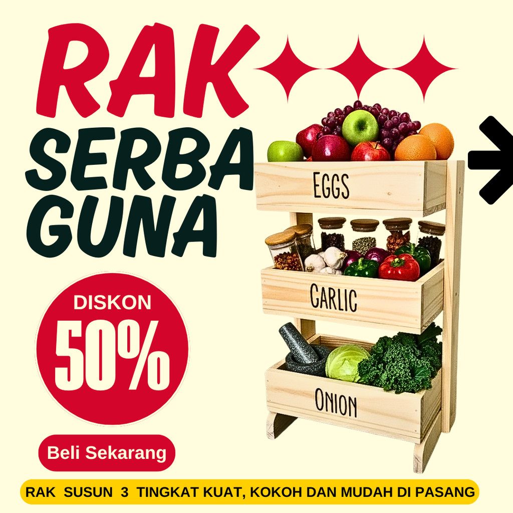 Rak Bawang Kayu 3 Susun / Rak Bumbu Serbaguna
