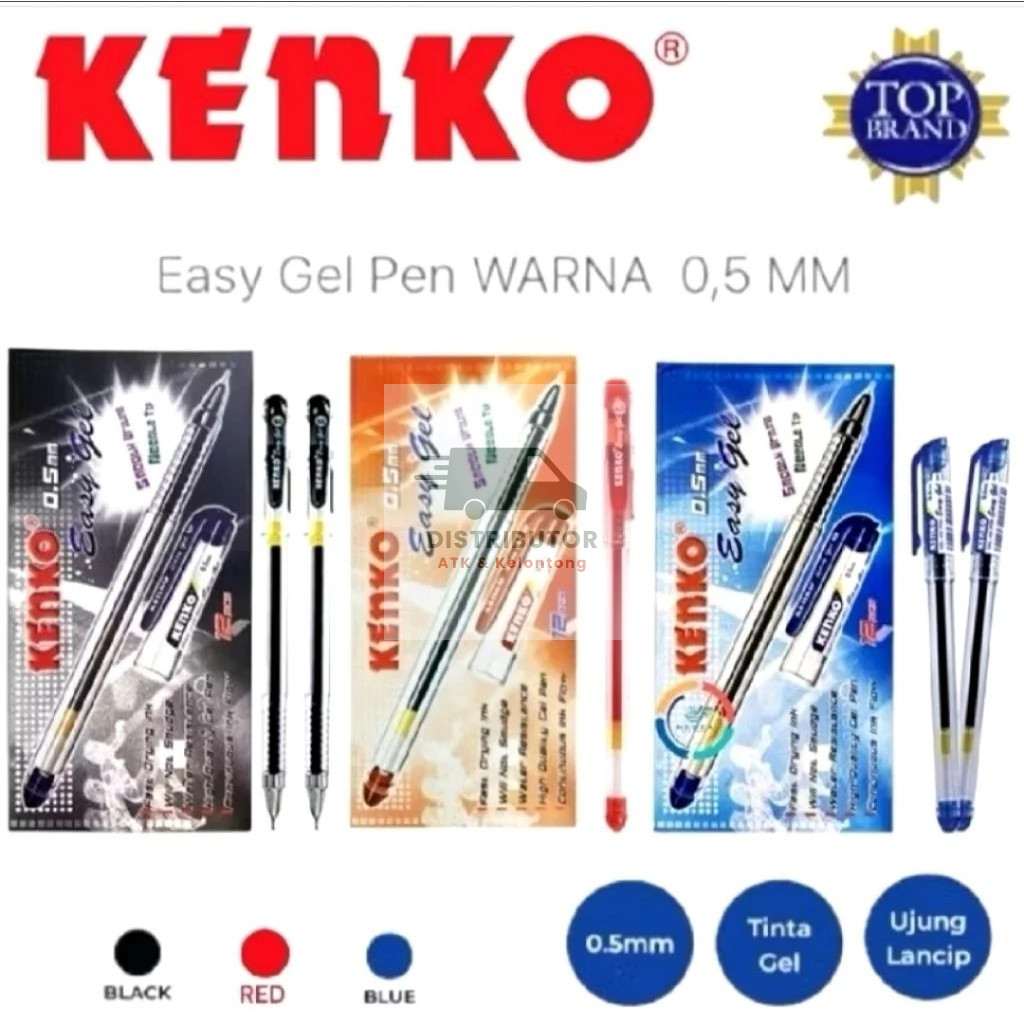 [Isi 12] PULPEN EASY GEL Kenko Pen Cair Biru Merah Hitam Per Box 0.5 mm