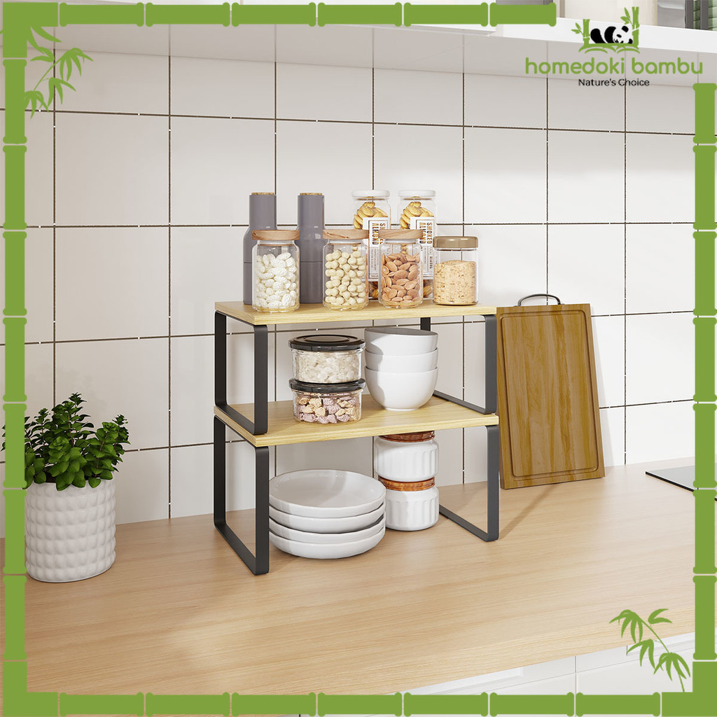 Homedoki Bambu-Rak Susun Serbaguna/Rak Piring/Rak Dapur/Rak 2 Susun