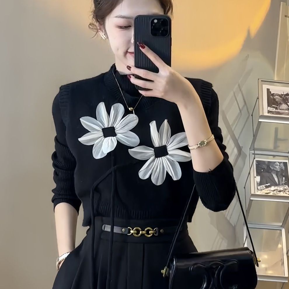 Rompi rajutan rajutan tiga dimensi Prancis rompi pullover wanita tanpa lengan