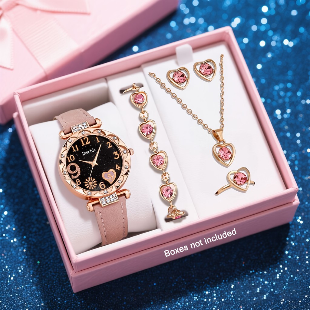 5pcs Set Perhiasan Kulit Untuk Wanita Jam Tangan Kuarsa Wanita Berhias Berlian (Tanpa Kotak)