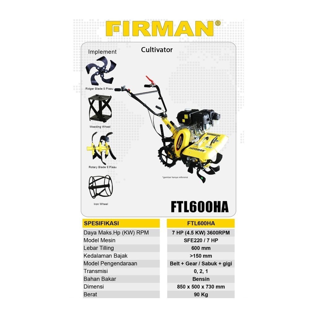 Firman FTL600HA / Mesin Traktor Mini / Mesin Bajak Mini FTL 600HA / Mini Tiller Firman FTL600HP Cult