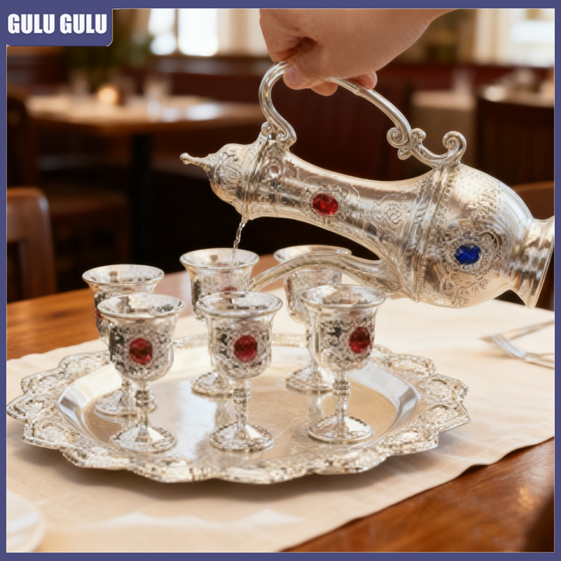 Set 8pcs Gelas Anggur Eropa Desain Antik Emas Teko & Gelas Aladin Mewah