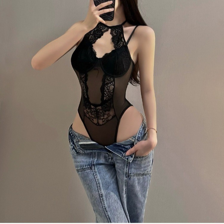 Bodysuit Lingerie Seksi Hitam Transparan dengan Renda dan Desain Belahan Dada
