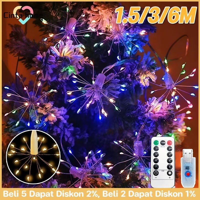 1.5/3/6M Lampu Kembang Api USB Lampu Bintang Ledakan Lampu String Kawat Tembaga Taman Lampu Ramadan 