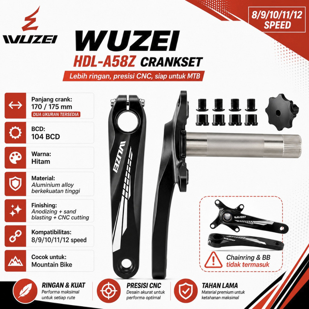 Foto Wuzei Crank Hollowtech HT 2 Untuk Single Chainring BCD 104 Crankset Panjang Arm 24mm 170mm 175mm