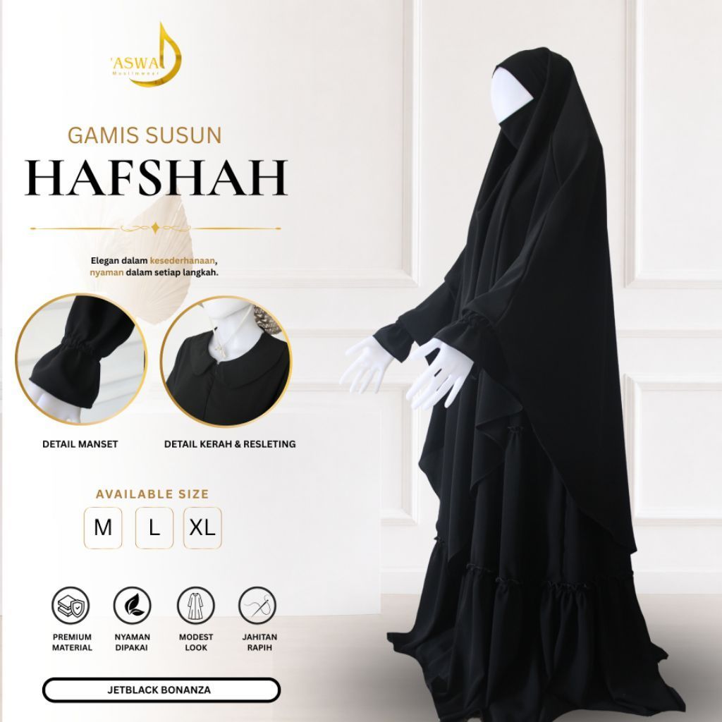Gamis Susun HAFSHAH by Aswad - Gamis Susun Jetblack - Gamis Set Khimar Syari - Gamis Set French Khim