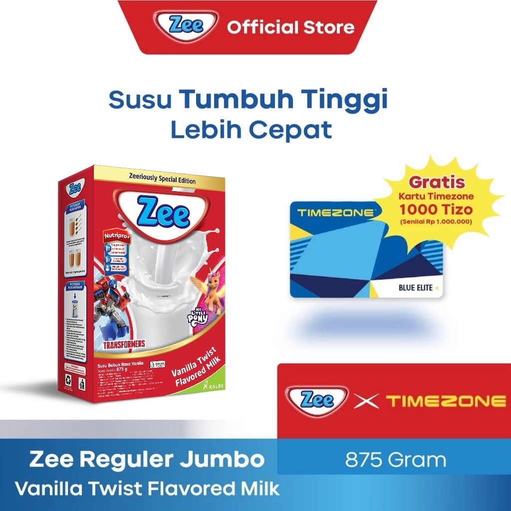 Zee Reguler Jumbo Vanilla Twist Milk 875gr (Free Timezone Blue Elite Card Rp1.000.000) - Susu Tumbuh