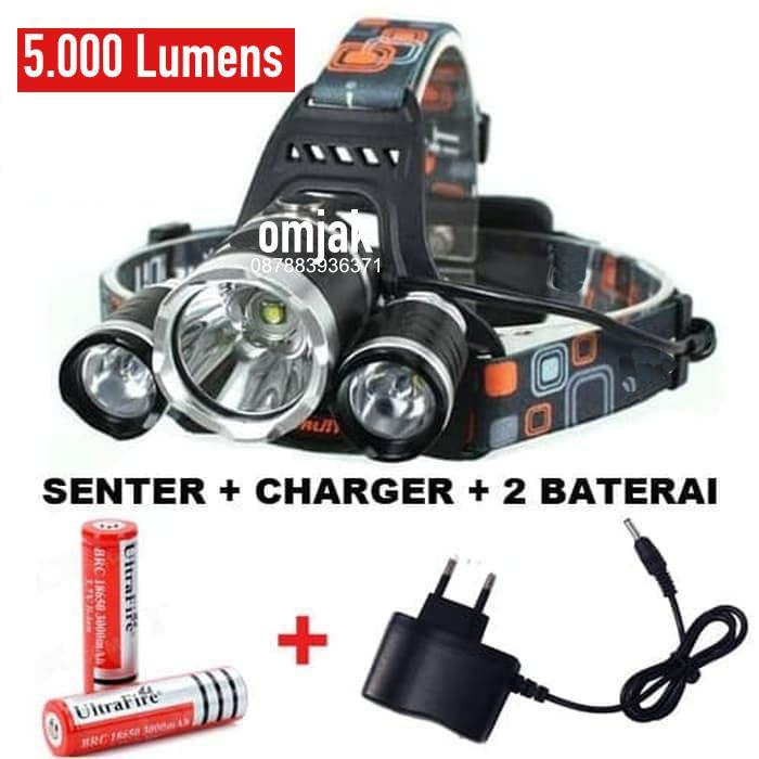 Paket Senter Kepala Headlamp 3 LED Cre XML-T6 5000 Lumens Camping - 5000 lumens