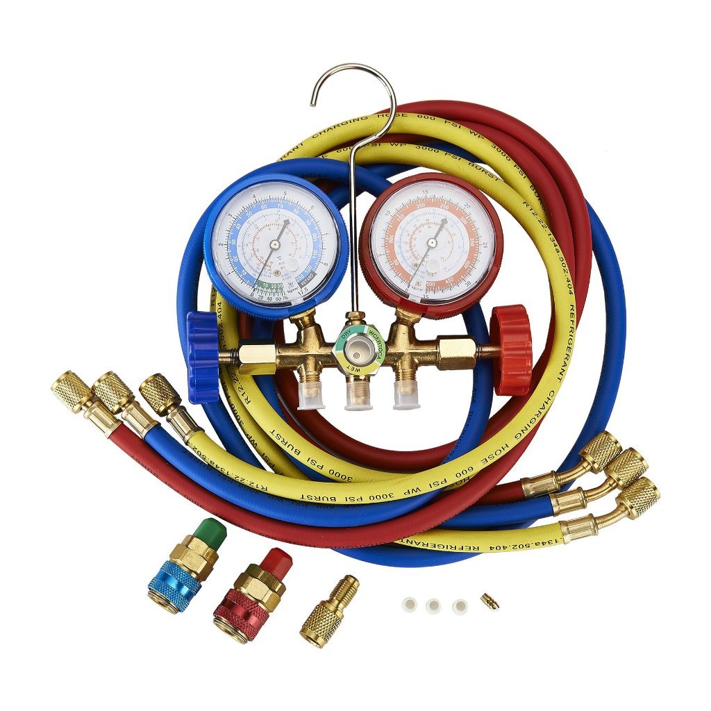Manifold Gauge Set AC R134a R410A R22 Alat Isi Freon Mobil Lengkap