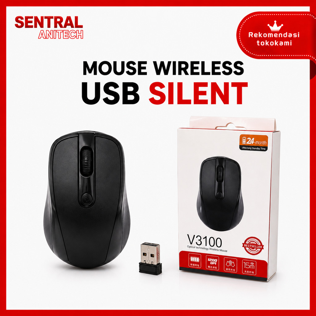 Mouse Wireless Silent 2.4GHz - Mouse Tanpa Kabel Ergonomis Laptop PC