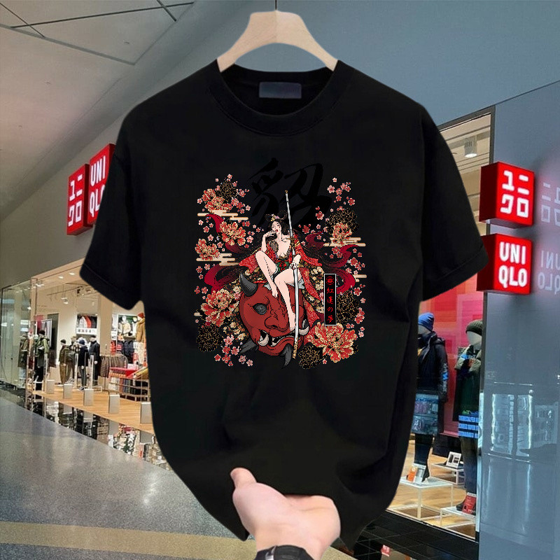 Kaos Fit T Motif Wanita Samurai Dan Oni Jepang Pria Keren Gaya Anime Bunga Sakura Merah Hitam Biru