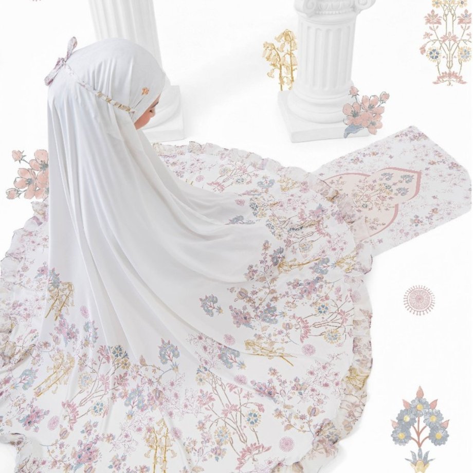 VESELKA Iznik Beyaz Mukena Travel Dewasa Motif Printing Sajadah Mahar Pernikahan Hampers Box Satin S