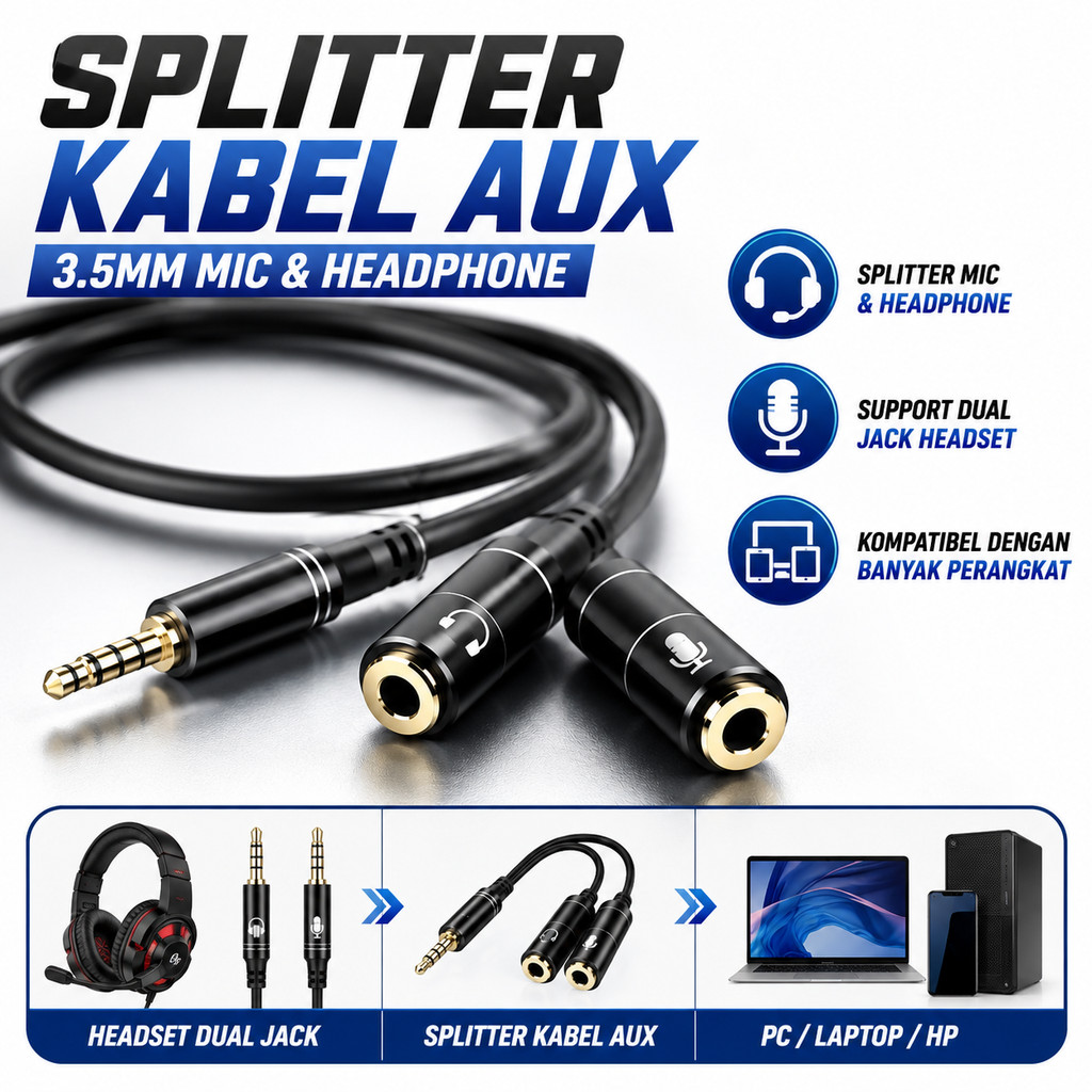 Splitter AUX 3.5mm Headset Mic Audio Adapter Male to Dual Female Kabel 37cm untuk Headphone Gaming L