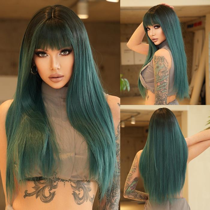 Layered Wig Synthetic Green Top Dyed Black Wig for Women Cosplay